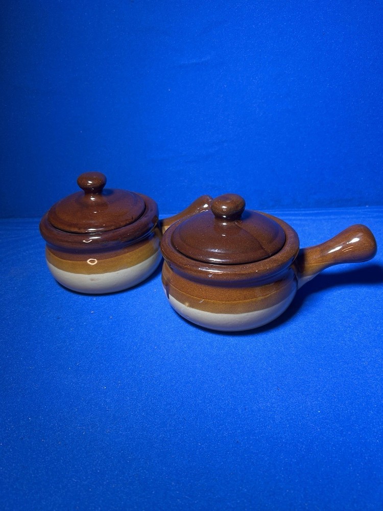 STONEWARE BEAN CROCK FRENCH ONION SOUP POTS w/ LIDS ~ SET OF 2 BROWN VINTAGE