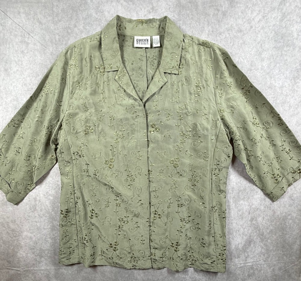 Chico’s Design Women’s 100% Silk Embroidered Floral Button Up Top Size 3