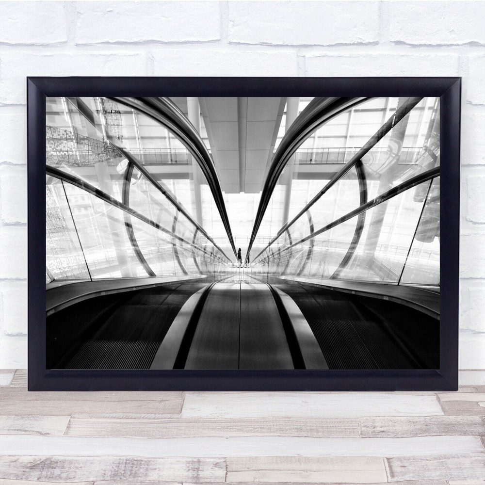 Japan escalators down close up black and white Wall Art Print
