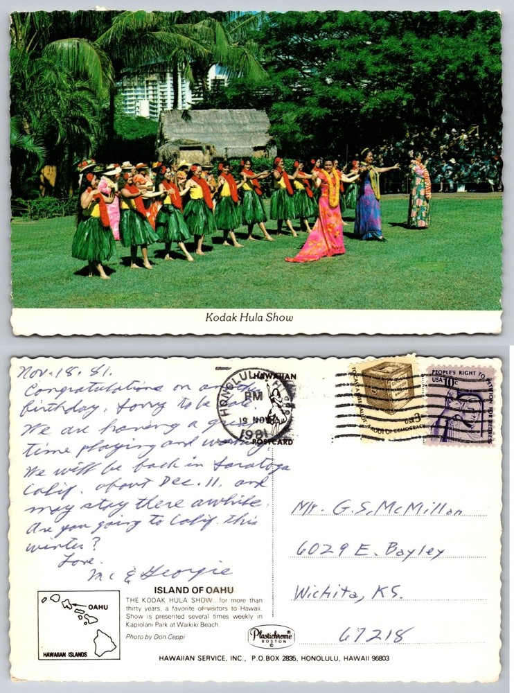 Vintage 1981 Kodak Hula Show Postcard Waikiki Beach Honolulu Hawaii Dancers