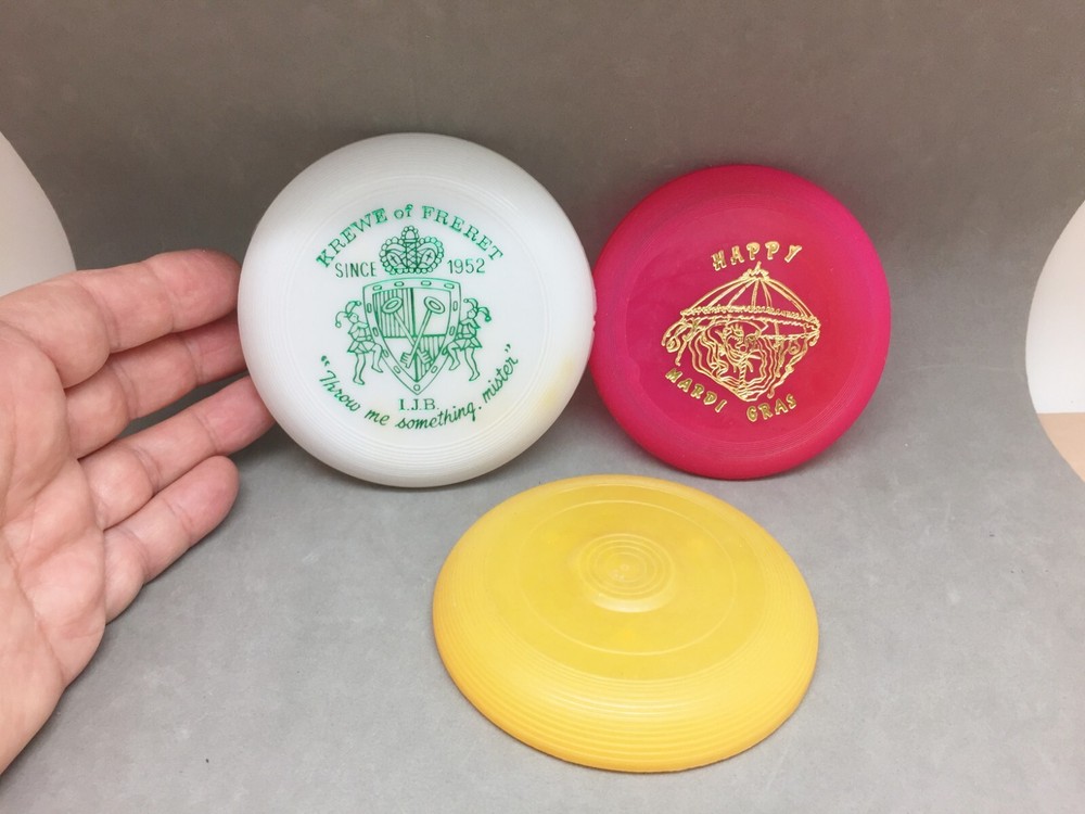 Vintage Mardi Gras Mini Frisbee Disc Krewe Freret, Happy Red, Plain Yellow Lot 3