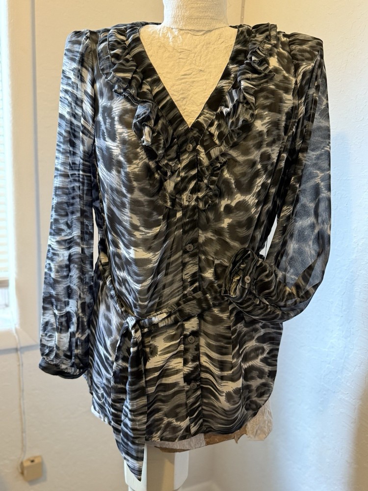 Covington Women's Black/Gray Animal Print Ruffle V-Neck Blouse, XL