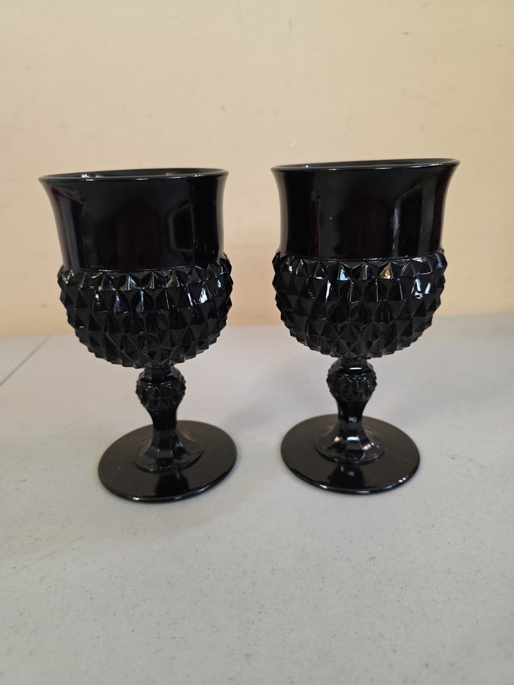 Vintage Black Indiana Glass Tiara Diamond Point Water Wine Goblet Gothic Vintage