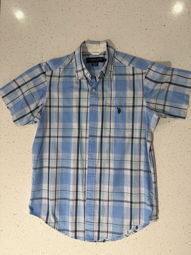 U.S. Polo Assn. Blue & White Plaid Short Sleeve Button Up - Size Small