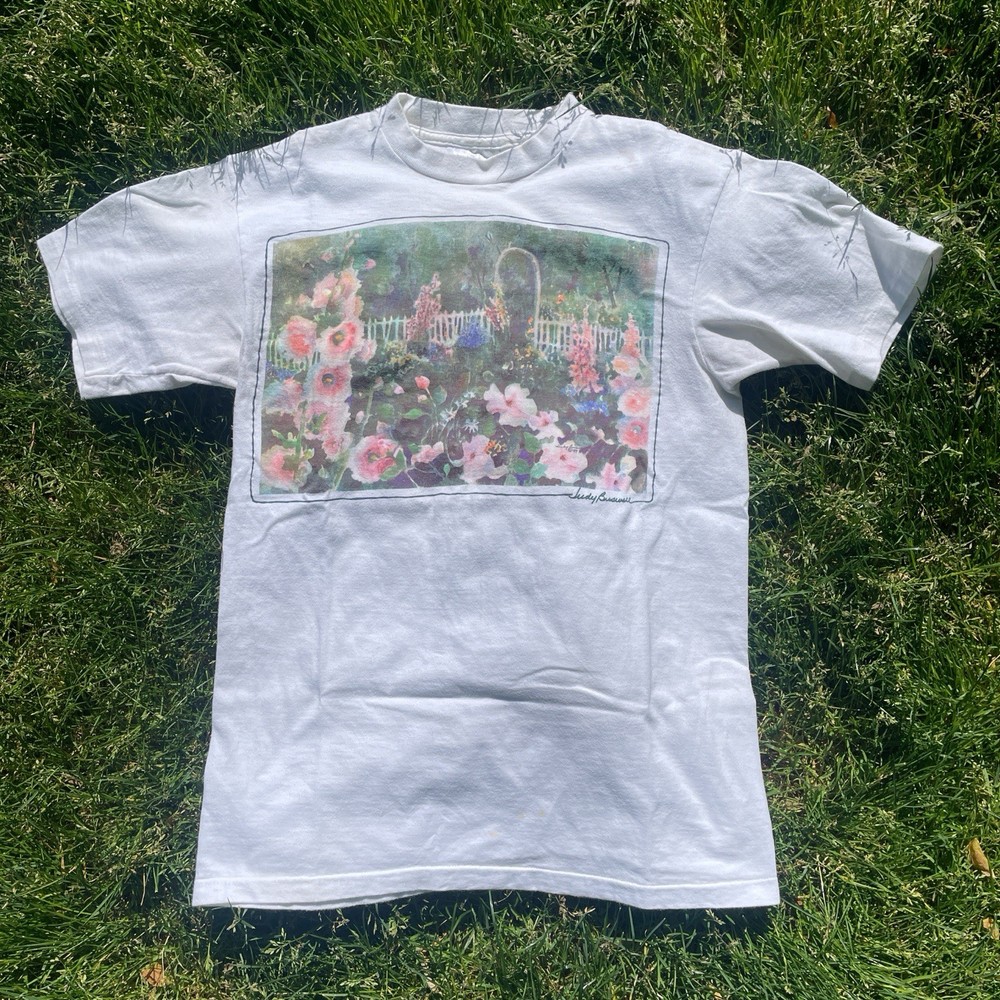 Vintage 80s Judy Buswell Floral Garden Art T-Shirt Size M Single Stitch USA