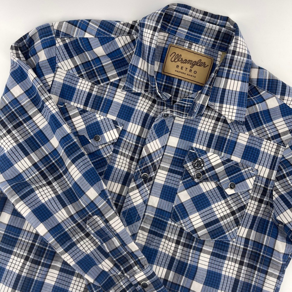 Wrangler Retro Western Shirt Plaid Long Sleeve Button Up Kids Size L