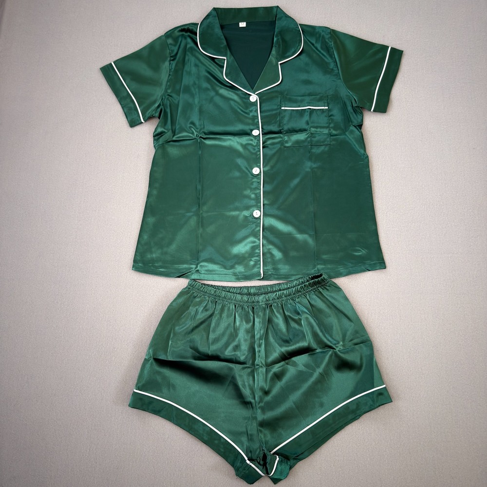 Women's Size M Silk Satin Pajama Shorts Set Two-piece Pj Sleepwear Green New