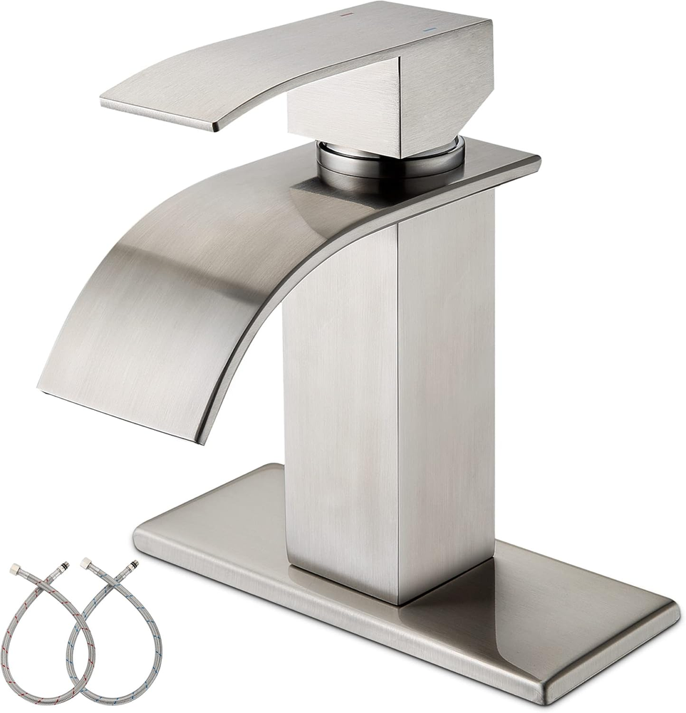 Waterfall Bathroom Sink Faucet, Brushed Nickel Single Handle Bathroom Faucet, Wa