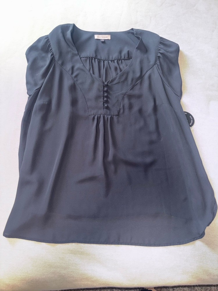 East Adeline Women's 2X Plus Blue Solid V-Neck Short Sleeve Pleated Blouse