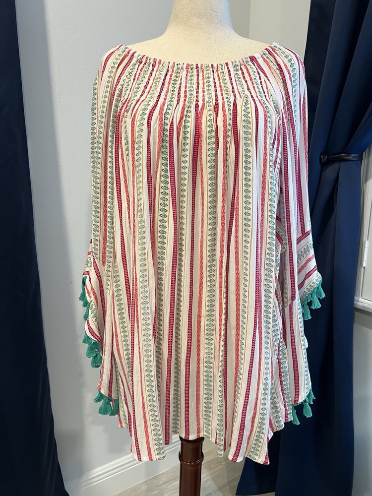Tunic Blouse  XXL Boho Tassel Festival Peasant Artsy Bell Sleeves Gypsy Striped