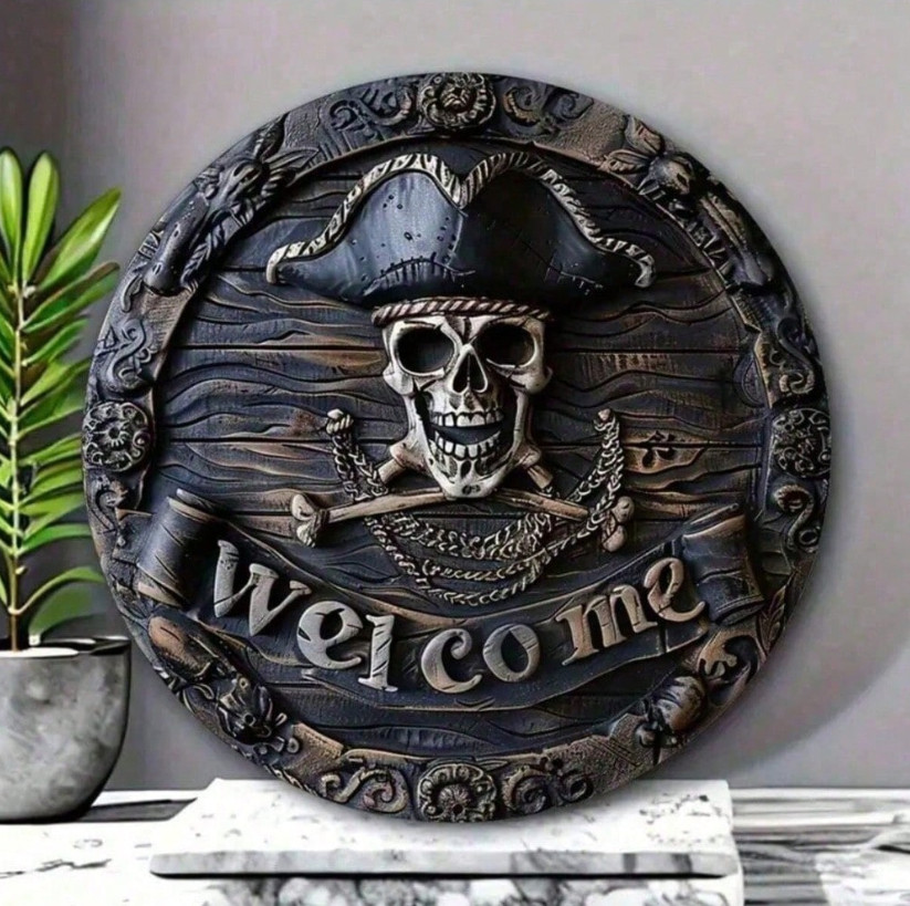 8x8 in Metal Pirate Skull Welcome Sign - Nautical Theme Wall Decor For Home Doo