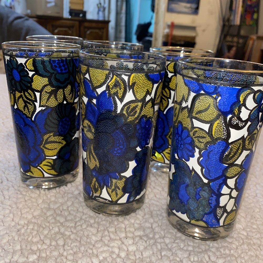 Vintage Atlas Highball Glasses Colorful Stained Floral Design - Set Of 6