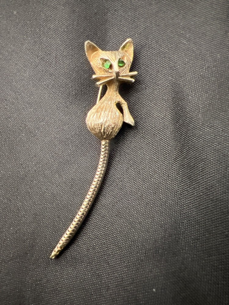 Vtg Cat Brooch Articulated Tail Gold Tone Green Rhinestone Eyes Figural Pin MCM