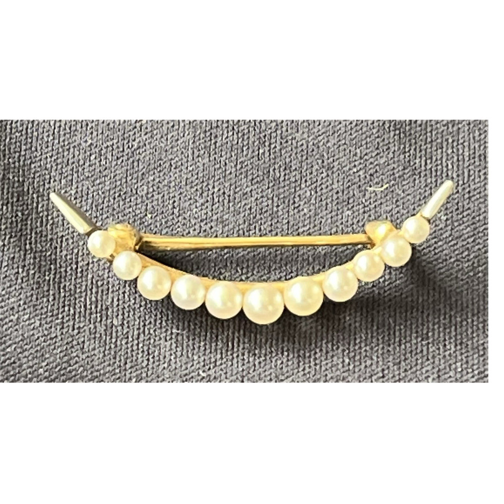 Vintage 14K Gold Bar Brooch Pin, Round White Pearls, 1.25”, Fine Jewelry