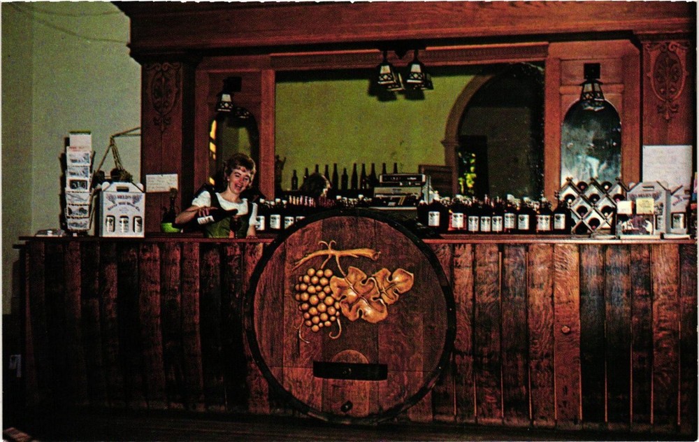 Stone Hill Winery Hermann MO Vintage Postcard Woman Bartender Wine Barrel