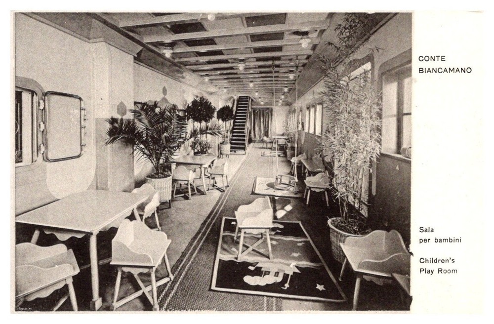 c1926 Conte Biancamano Childrens Room Lloyd Sabaudo Ship Lines Vintage Postcard