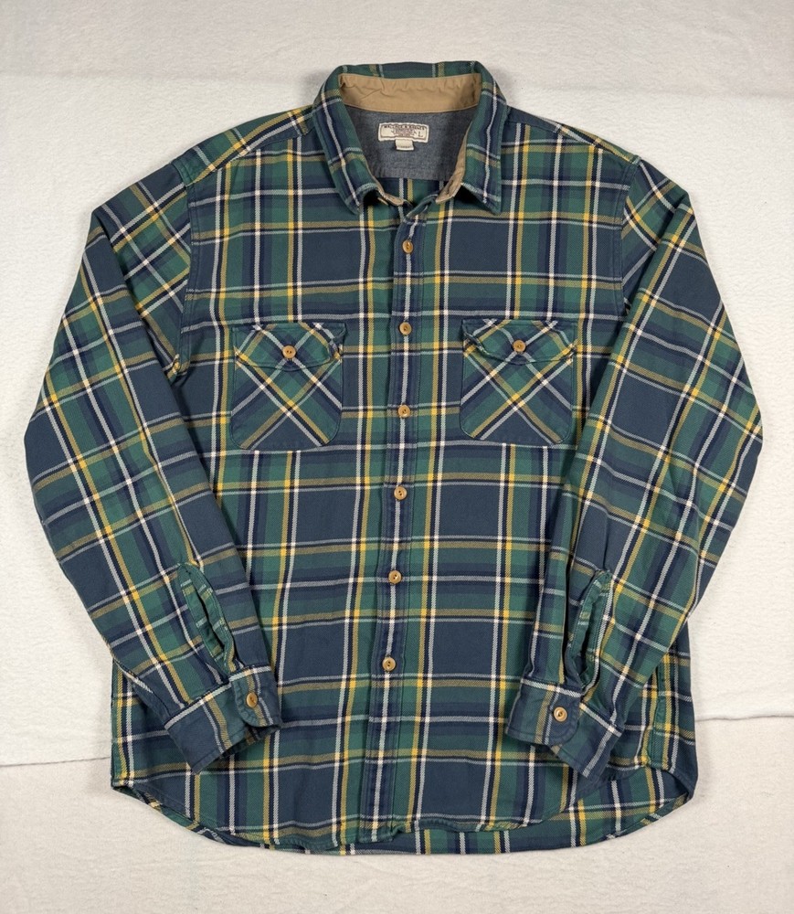 Wallace & Barnes Flannel Button Up Shirt Mens Large Green Blue Plaid Check