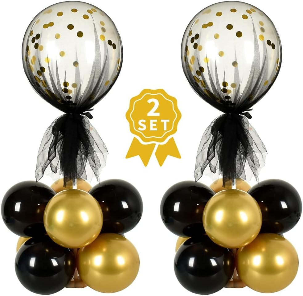 2 Set Black Gold Table Centerpiece Decorations Balloons Stand Holder Kit with Tu
