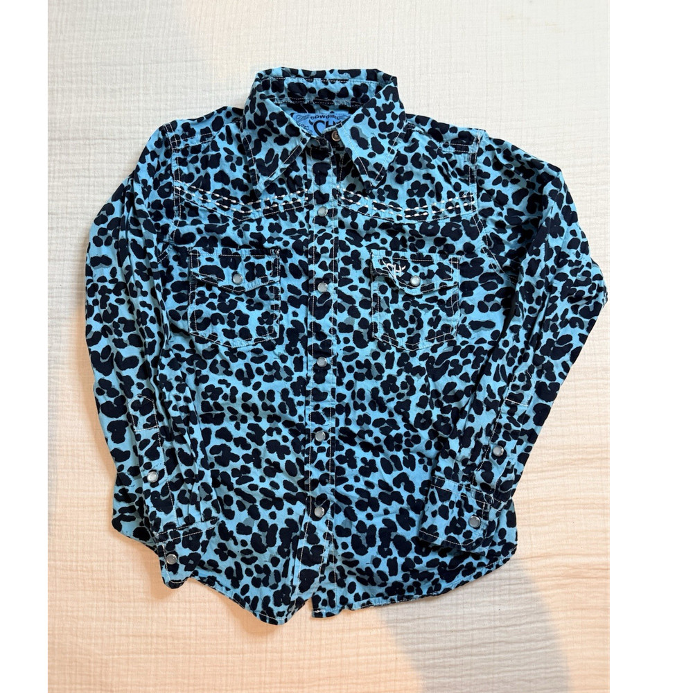 Cowgirl Hardware Girls Blue Black Animal Print Button-Up Shirt Size 6, Collared