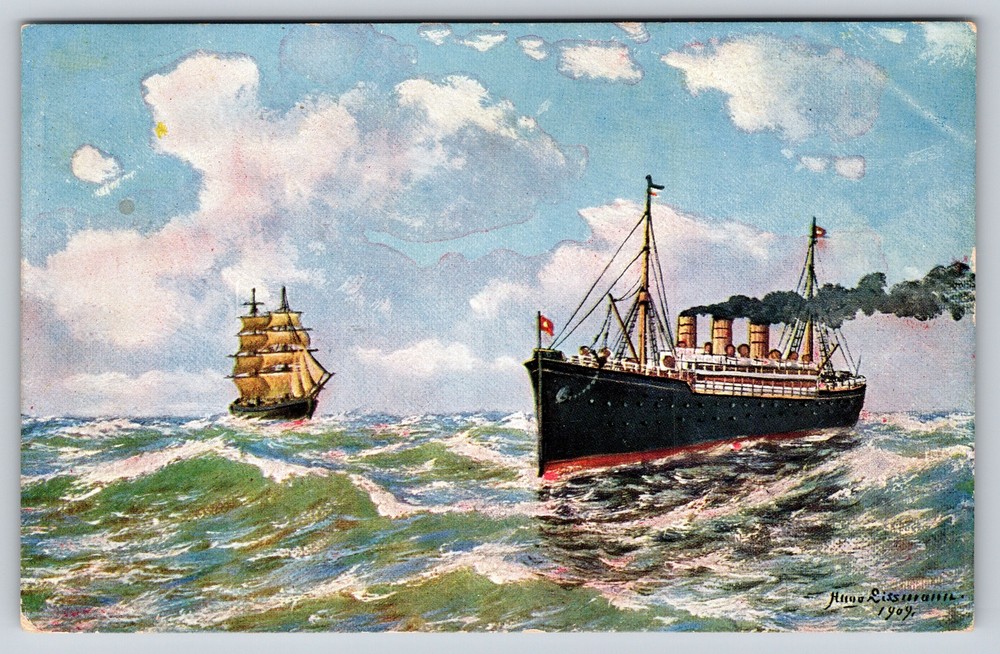Transportation~Steamer & Sailboat Painting~Vintage Postcard