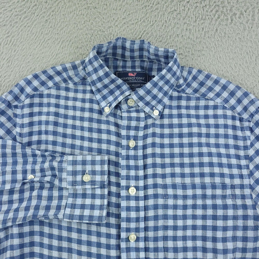 Vineyard Vines Shirt Mens Small Blue Check Long Sleeve Linen Button Down Murray