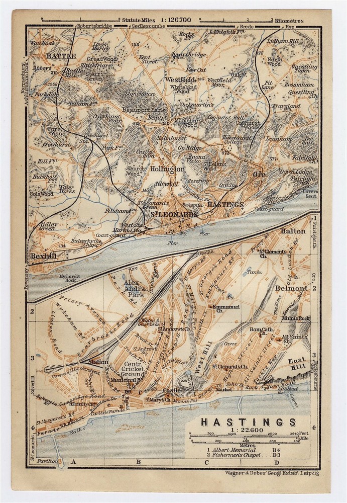 1910 Original Antique City Map Of Hastings / East Sussex / England