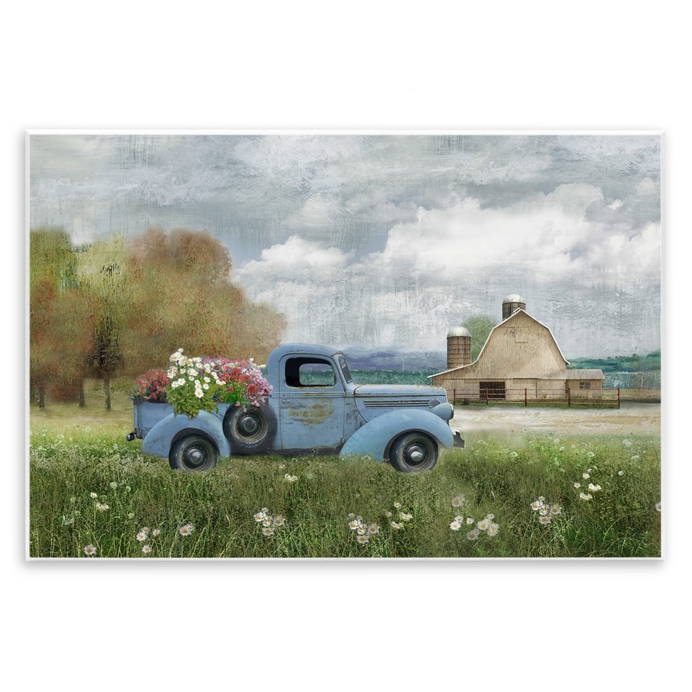 Stupell Vintage Blue Truck Flower Bouquet Cloudy Sky