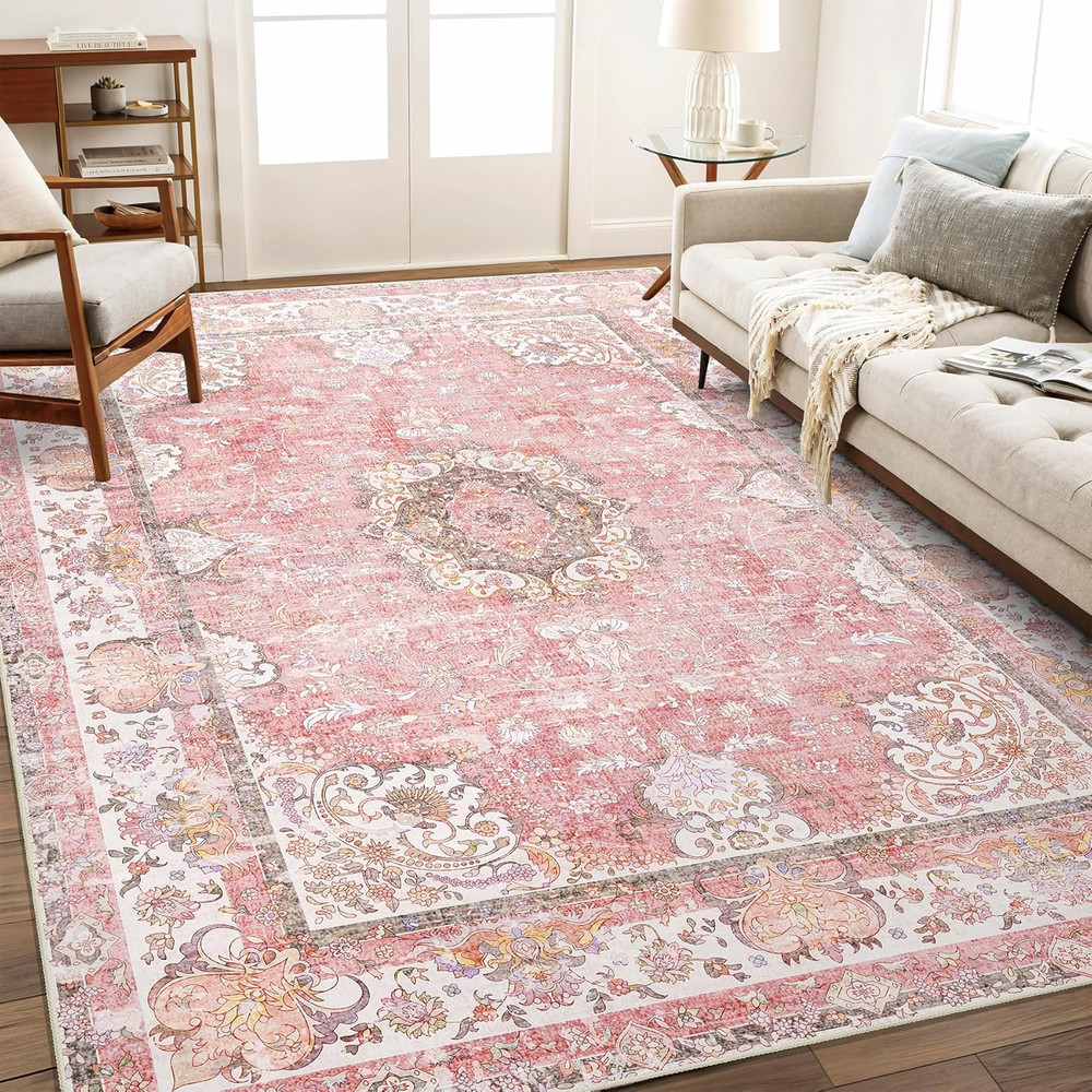 5'X7' Area Rugs Washable,Pink Rug for Living Room Bedroom,Large Boho Vintage Boh