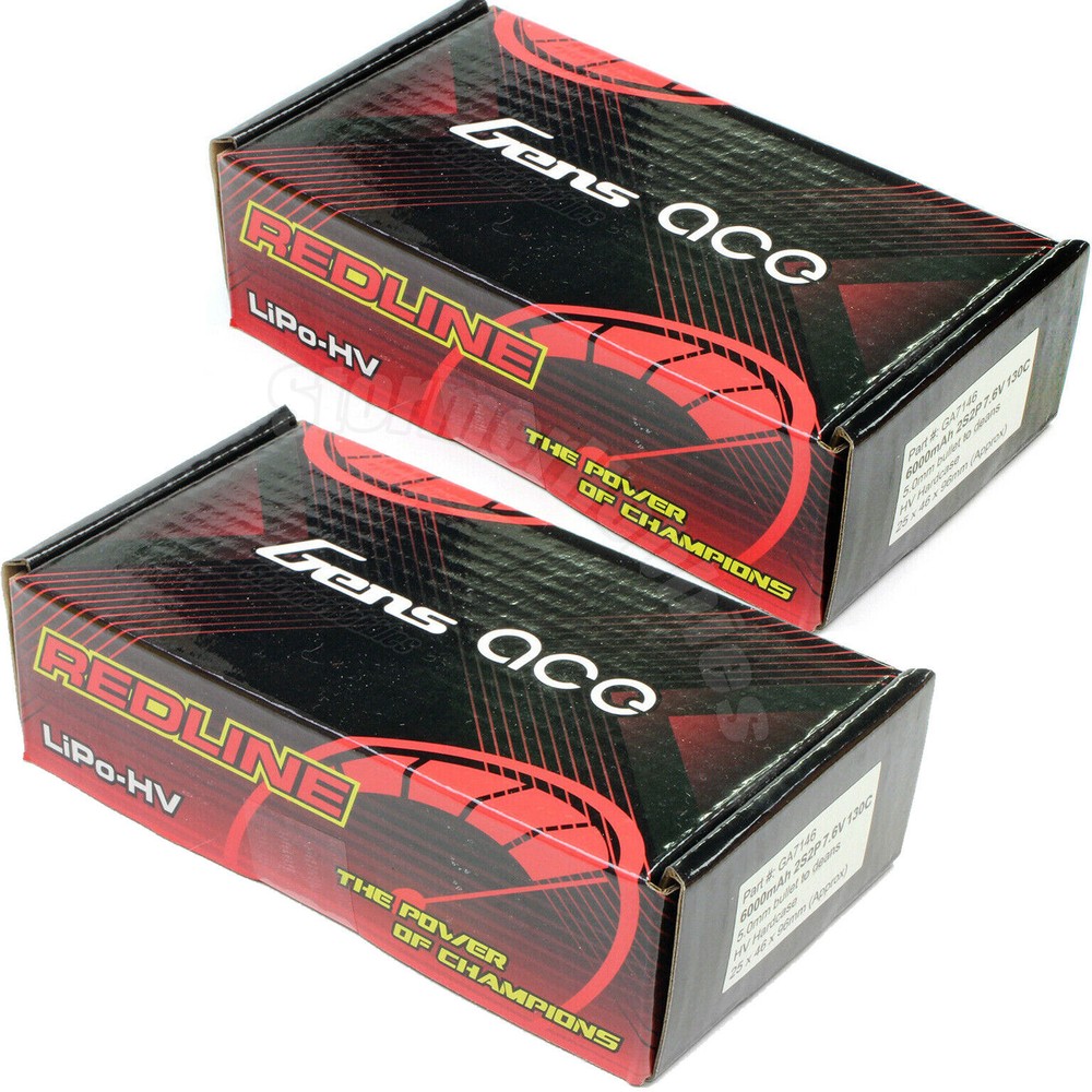2x Gens Ace Redline 6000mAh 2S 7.6V 130C RC HardCase HV Shorty Lipo Battery-image