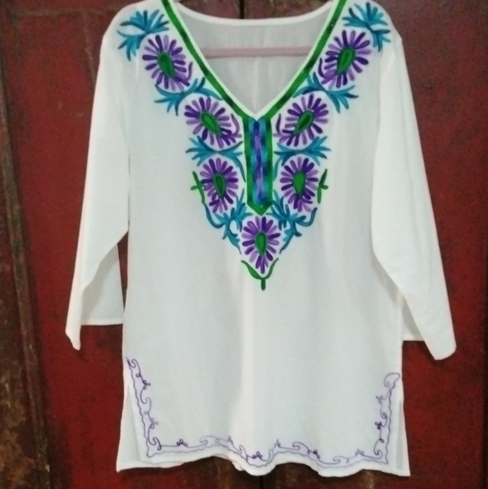 White Purple Green Embroidered Floral V-Neck Tunic Blouse 3/4 Sleeve M/L Women