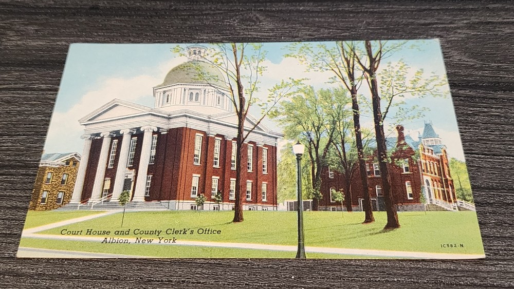 NY Postcard Albion New York Court House and County Clerk Office buildings Teich