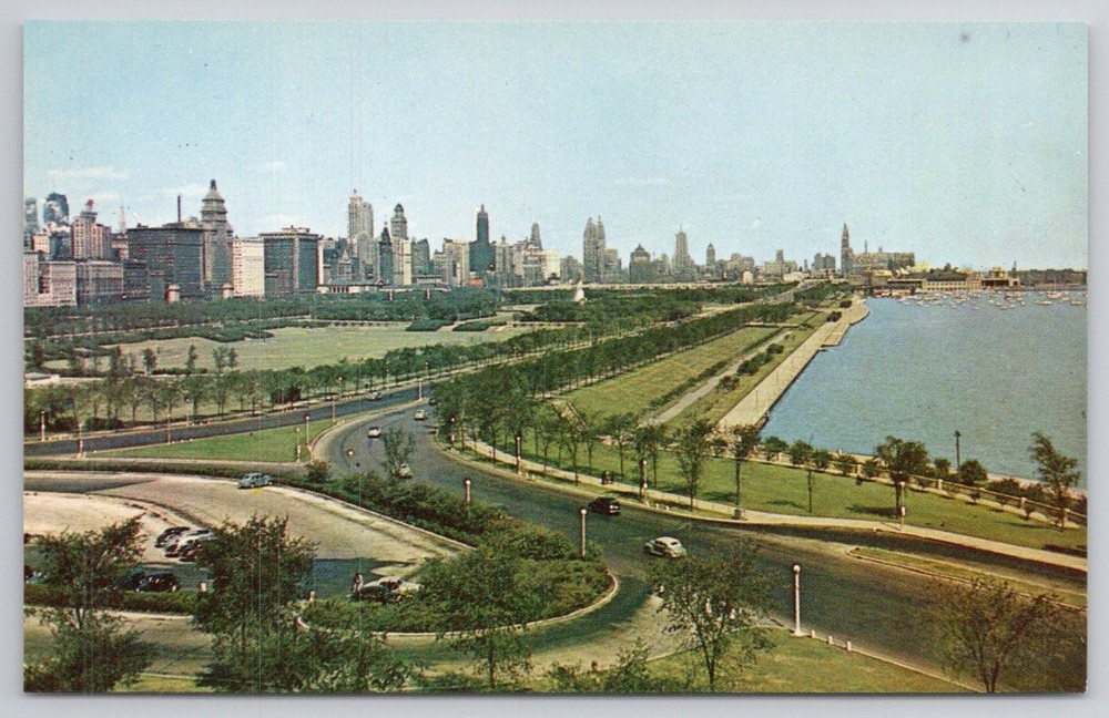 Chicago Lakefront Skyline Plastichrome Postcard 1950s Vintage Illinois