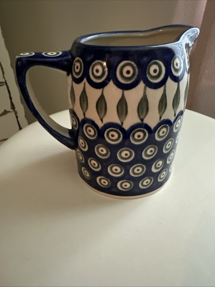 Boleslawiec Polish Art Pottery Blue/Whitr/Green/Pink Peacock, 4.76” Pitcher