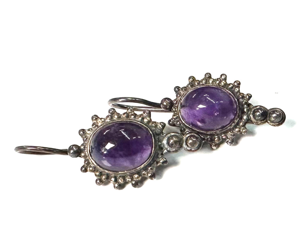 Vintage Purple Cabochon Stone Earrings Silver Tone Jewelry Lot I