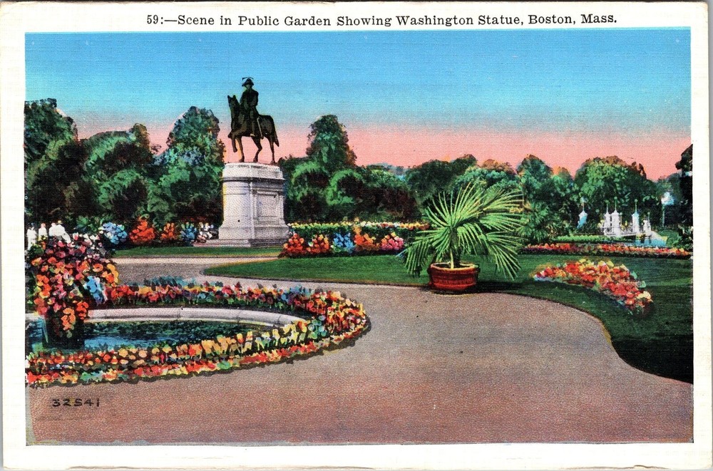 Boston MA-Massachusetts, Scene In Public Garden, Statue Vintage Postcard
