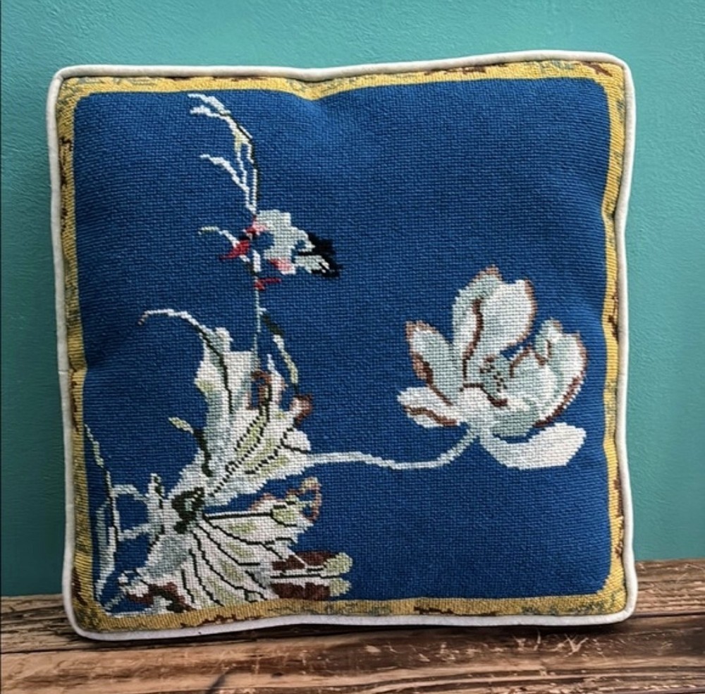 Vintage Blue And White Floral Needlepoint Pillow