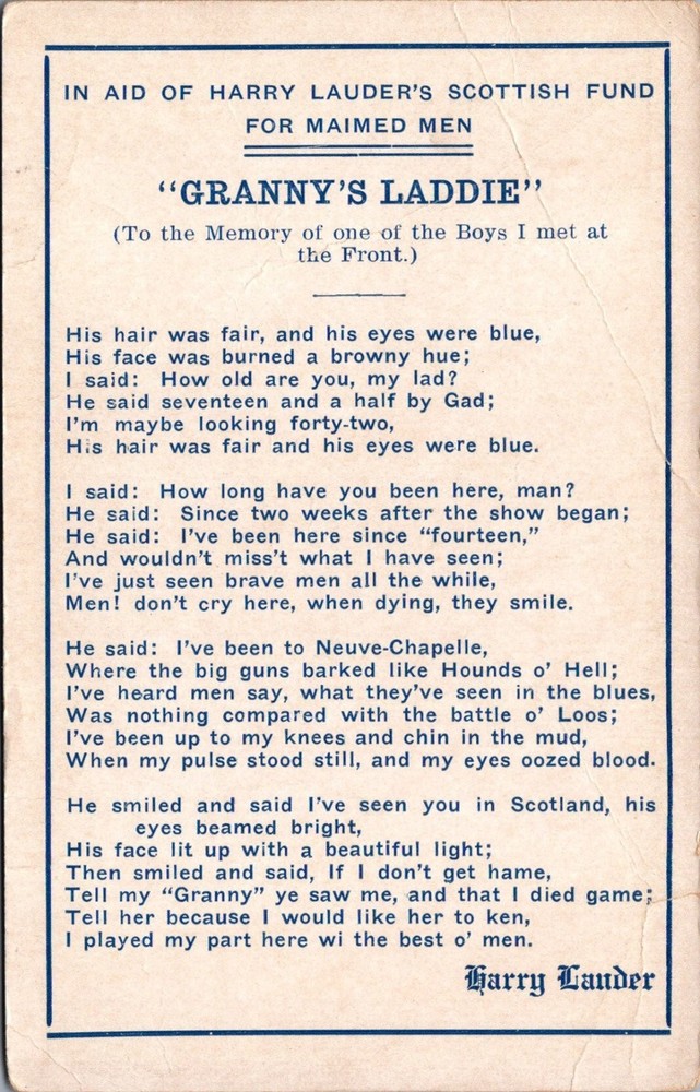 Harry Lauder's Scottish Fund WWI Poem Postcard - Granny's Laddie