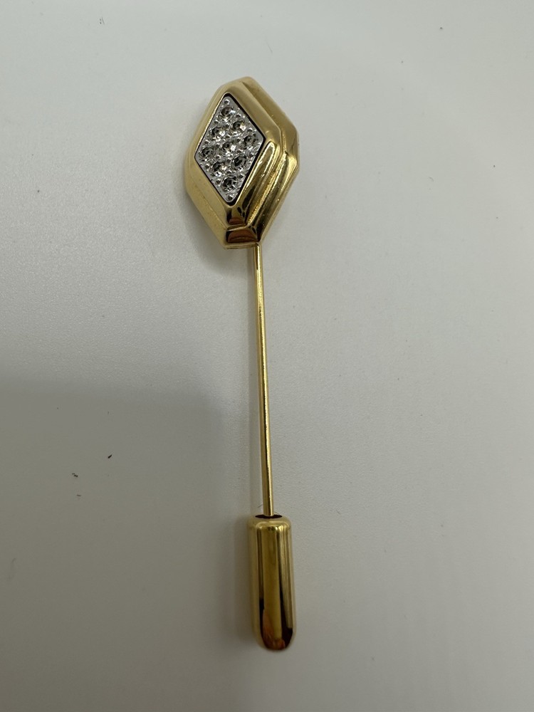 Signed Avon Clear Pave Rhinestone Gold Tone Metal Diamond Stick Pin Vintage