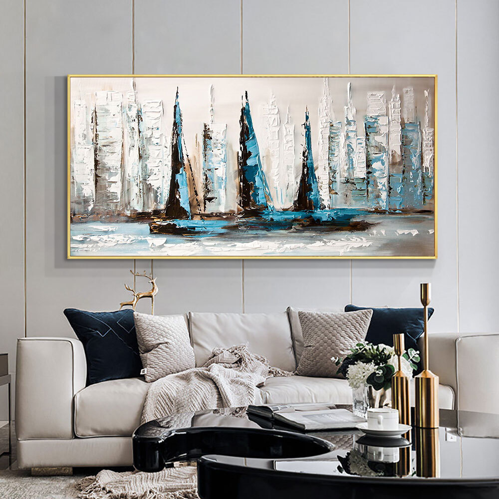 Abstract Blue And White Sailboats On The Sea Handpainted Oil Painting On Canvas
