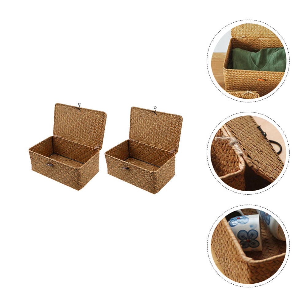 2pcs Large Rattan Storage Baskets for Picnic Food Wooden Organizer  