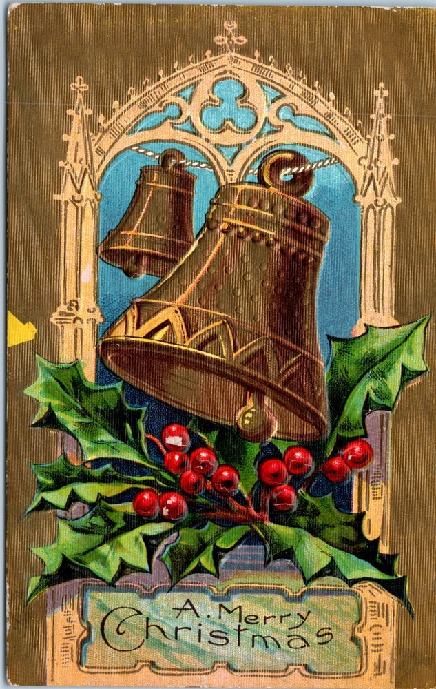 C1910's - Golden Gilt Bells W Holly Embossed Christmas - Postcard - P13