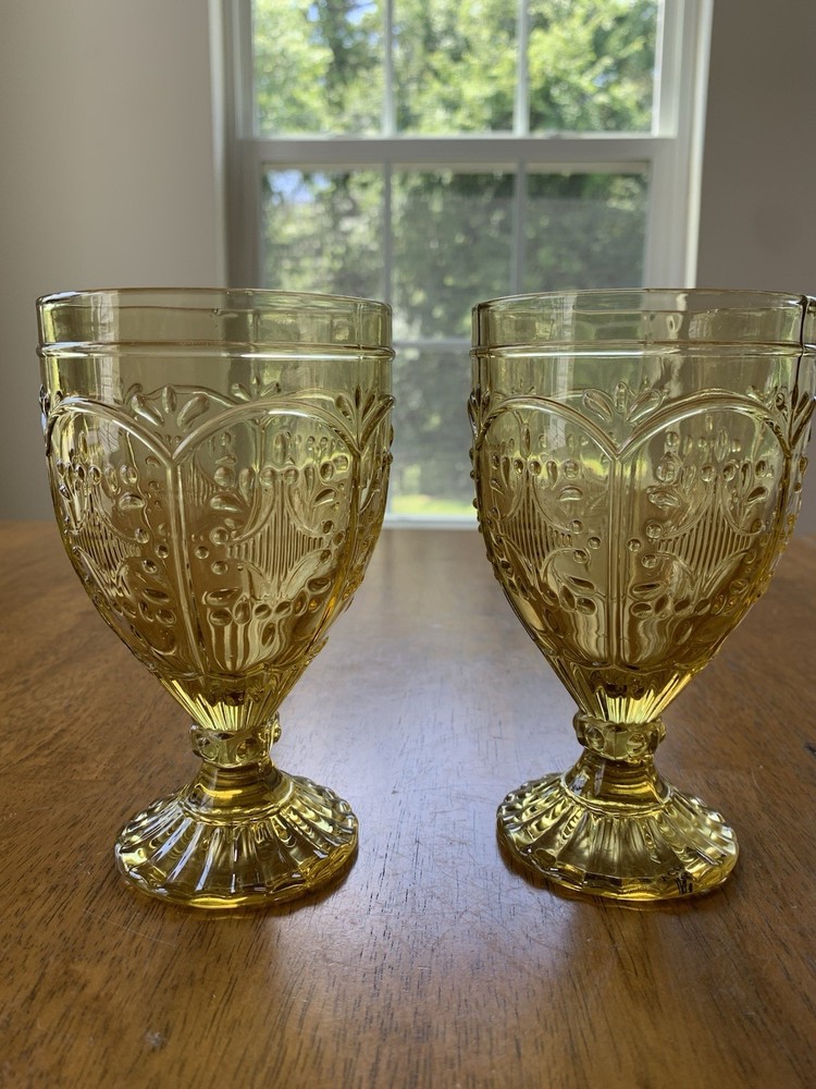 Fitz And Floyd Trestle Amber  Glass Water Goblets Set Of Two