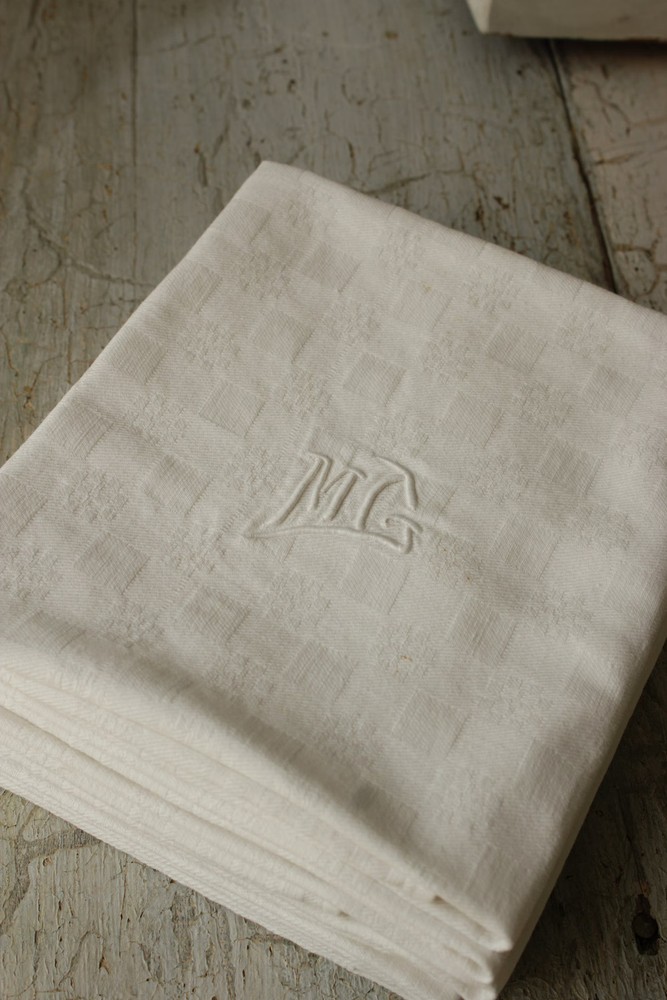 Antique French set of 6 large white napkins hand stitched MG monogram c 1930s L