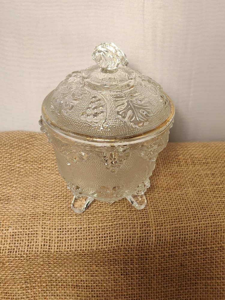 Vtg Jeanette Footed Candy Dish Clear Glass Grape Pattern Gold Trimmed Lid  See!