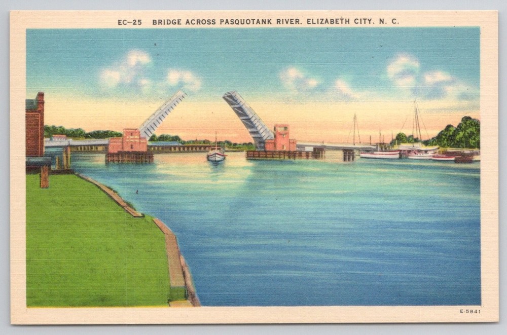 Elizabeth City NC Bascule Bridge Pasquotank River Linen Postcard Vintage