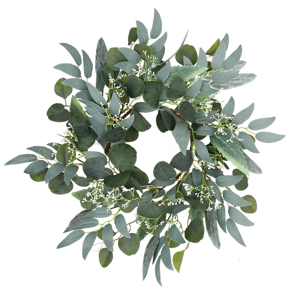 15-Inch Artificial Green Eucalyptus Wreath with Clusters