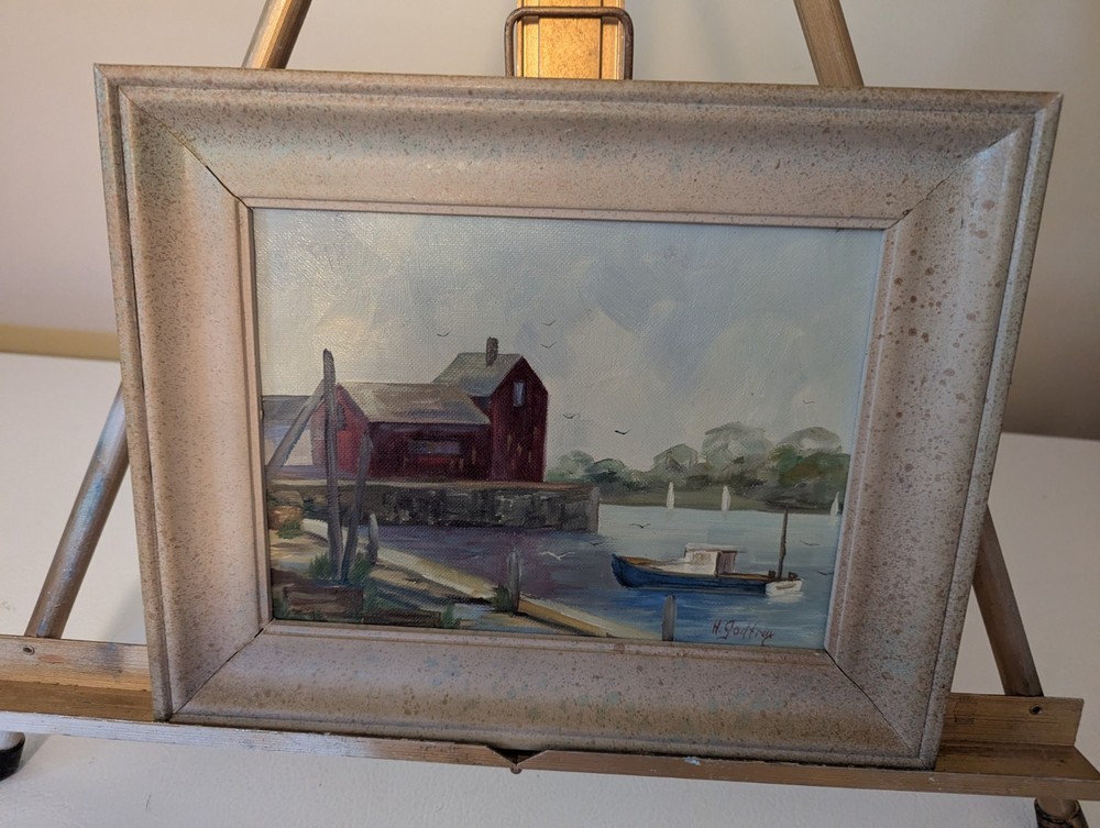 Vintage Framed Oil Painting Rockport Mass Fishing Boat, Dock 10.75x 8.50