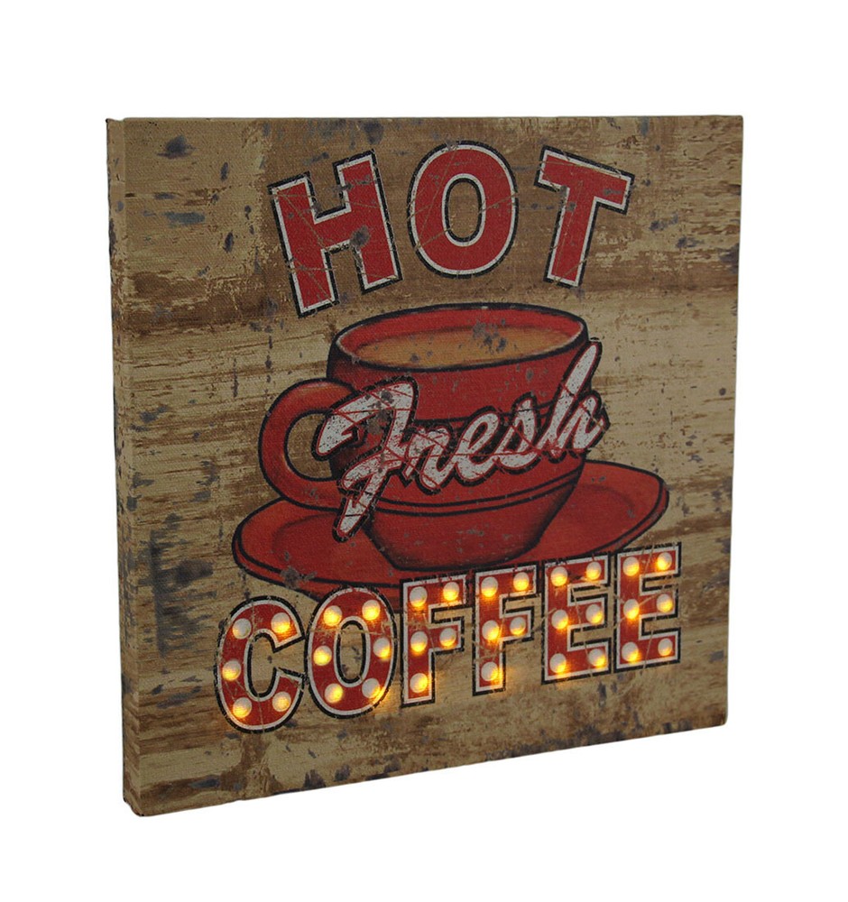 Zeckos Hot Fresh LED Lighted Coffee Vintage Finish Canvas Wall Hanging