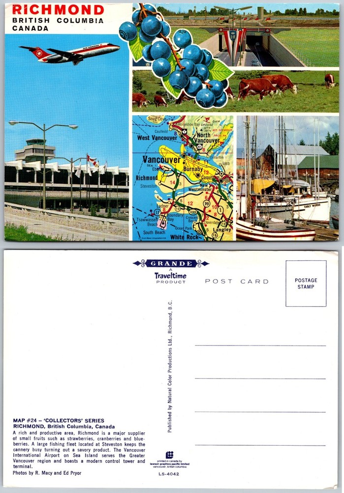 Continental Richmond British Columbia Canada Map Plane Postcard