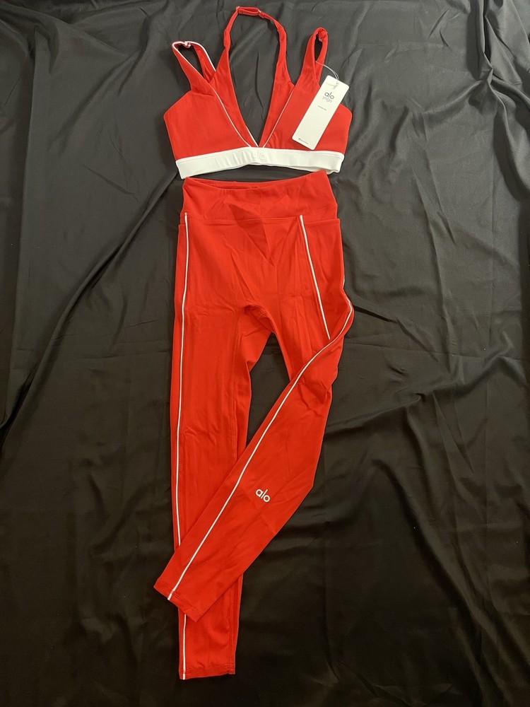 ALO Women's Red White Activewear Set Sports Bra & Leggings Size M